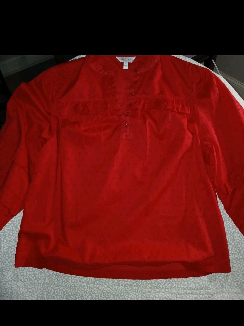 Crown & Ivy Red Ruffle-Front Top Button Blouse With Ruffle Neck And Sleeves - Picture 6 of 16